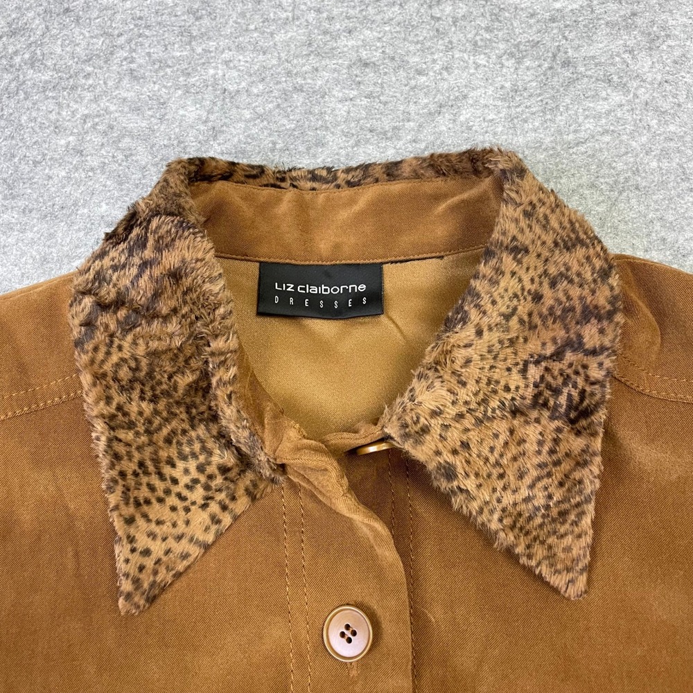 VTG Liz Claiborne Faux Suede Maxi Dress 10 Tan Brown Leopard Faux Fur Collar - Picture 5 of 16